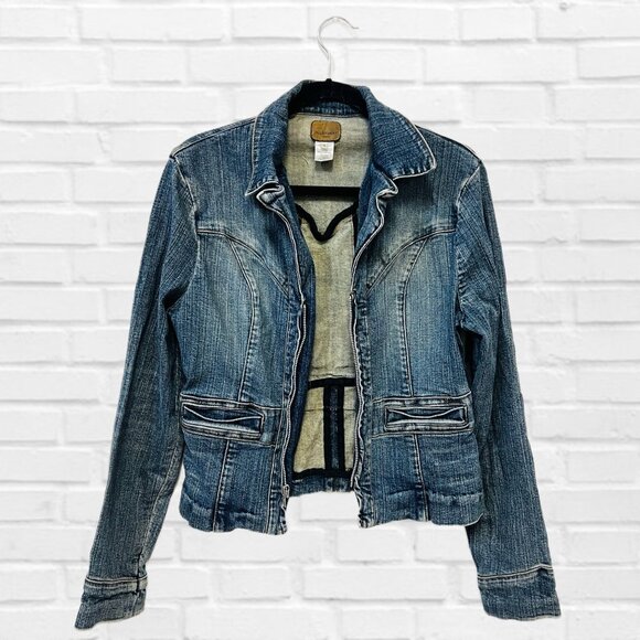 Jill Stuart Jeans Vintage Front Zip Denim Jacket V-Neck Classic Jean Blazer - Picture 6 of 11